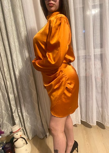 Turuncu Parlak Midi Drapeli Kadın Elbise - Görsel 3