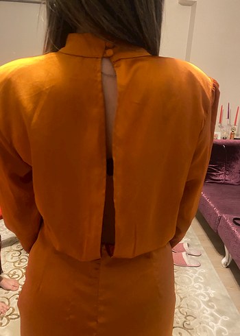 Turuncu Parlak Midi Drapeli Kadın Elbise - Görsel 4