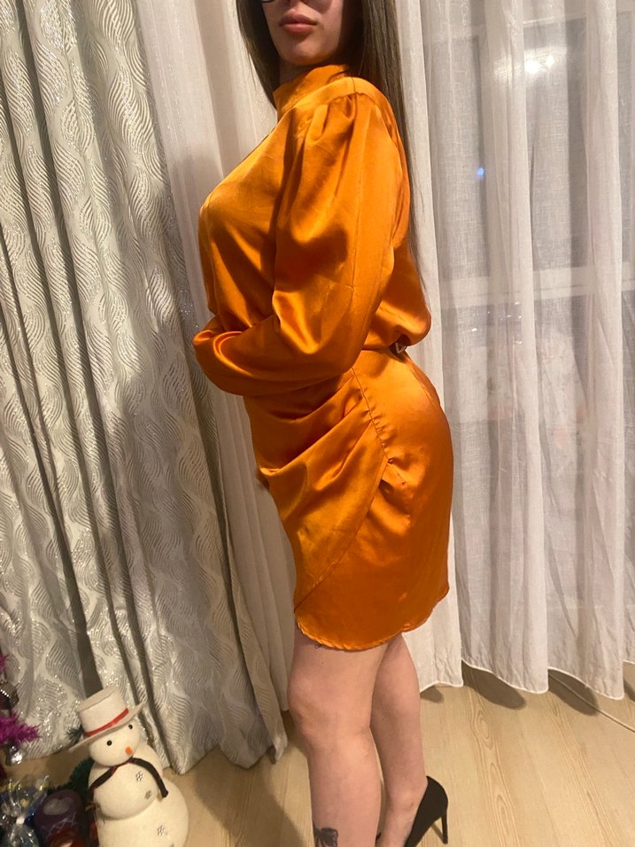 Turuncu Parlak Midi Drapeli Kadın Elbise - Görsel 3