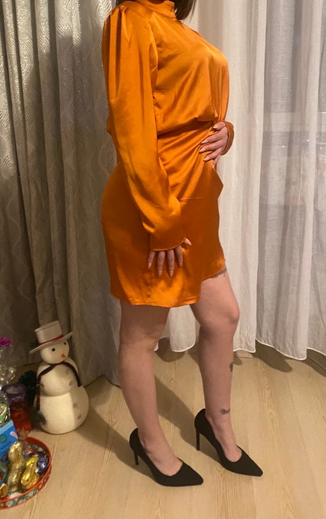 Turuncu Parlak Midi Drapeli Kadın Elbise - Görsel 2