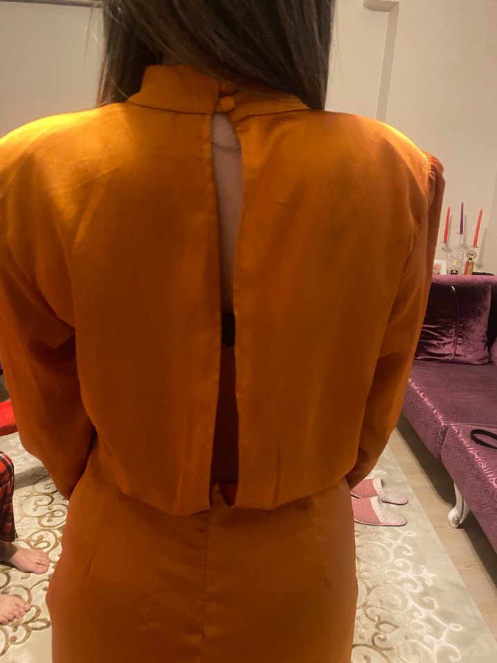 Turuncu Parlak Midi Drapeli Kadın Elbise - Görsel 4