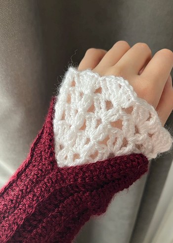 Bordo Beyaz Dantel Detaylı Kadın Eldiven - Görsel 3