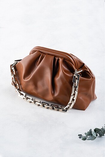 Kadın Taba Porfoy Clutch Çanta - Büzgülü Burslu Zincir ve Çapraz