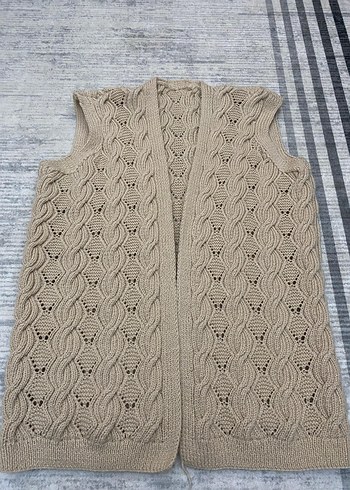 Bej V Yaka Örgü Kadın Yelek