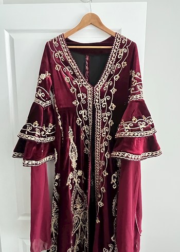Bordo Nakışlı Bohem Uzun Kollu Elbise