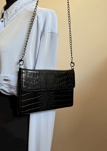 Siyah Deri Yılan Desenli Zincir Askılı VİNTAGE BAG Çanta - Görsel 2