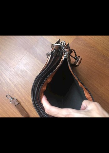 Kahverengi Deri Yılan Desenli 5 renkli Fermuarlı Çanta - Görsel 8