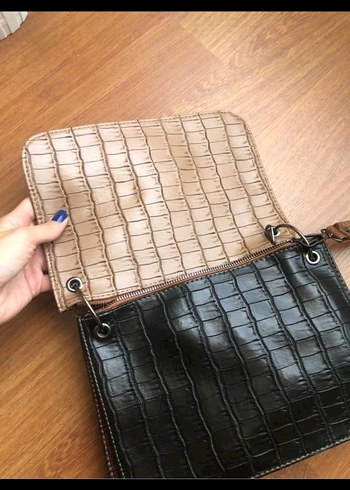 Kahverengi Deri Yılan Desenli 5 renkli Fermuarlı Çanta - Görsel 5