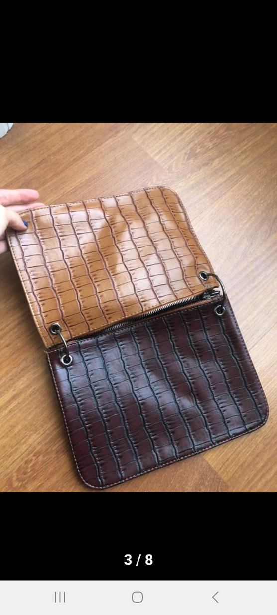 Kahverengi Deri Yılan Desenli 5 renkli Fermuarlı Çanta - Görsel 3