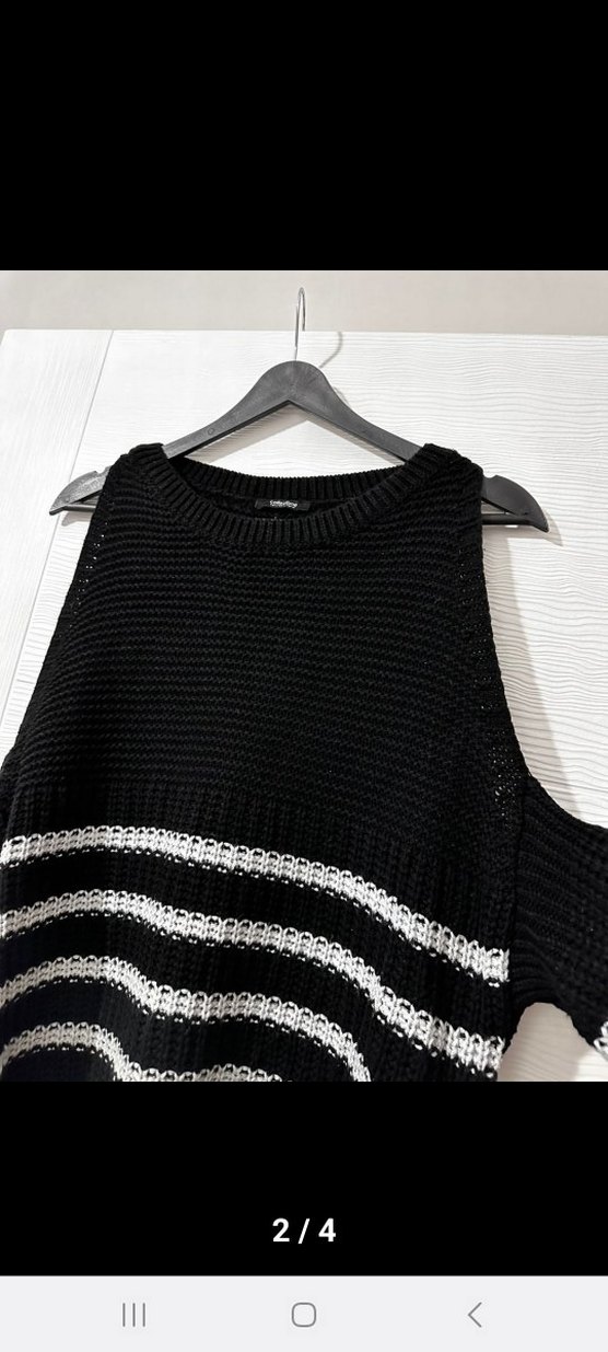 collezion Siyah Beyaz Çizgili Kol detaylıTriko Kazak - Görsel 4