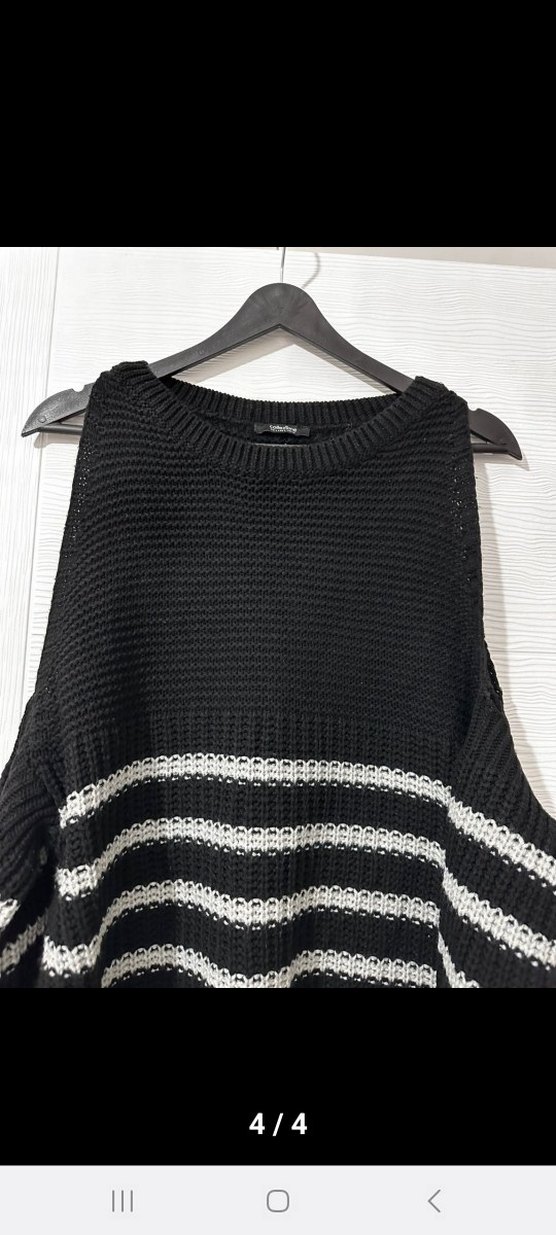 collezion Siyah Beyaz Çizgili Kol detaylıTriko Kazak - Görsel 2