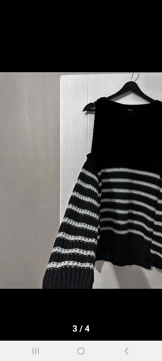 collezion Siyah Beyaz Çizgili Kol detaylıTriko Kazak - Görsel 3