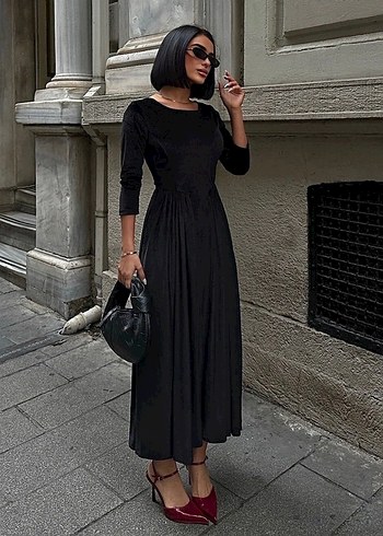 Siyah Uzun Kollu Salaş Abiye Kadın Elbise - Görsel 2