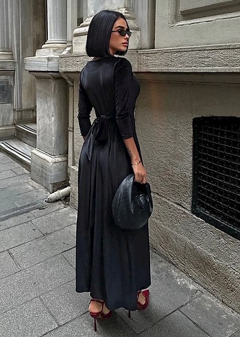 Siyah Uzun Kollu Salaş Abiye Kadın Elbise - Görsel 4