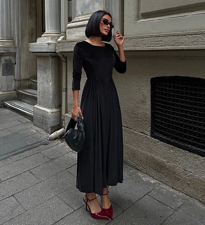 Siyah Uzun Kollu Salaş Abiye Kadın Elbise - Görsel 2