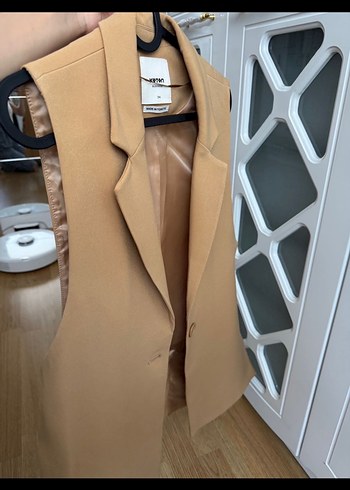 xs Beden sarı Renk Bej Düğmeli Kolsuz Kadın Blazer