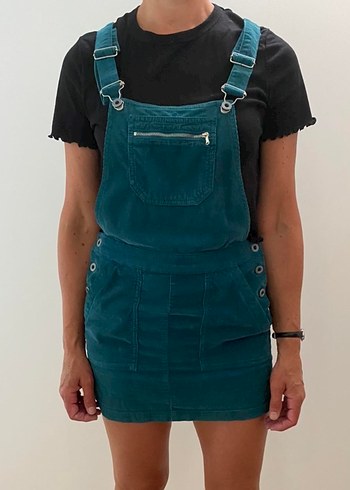 Düğmeli Mavi Kadın Kadife Tulum Salopet - Görsel 2