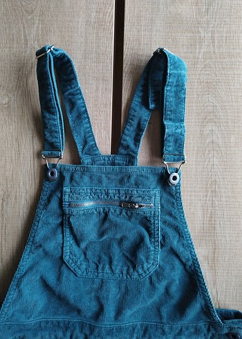 Düğmeli Mavi Kadın Kadife Tulum Salopet - Görsel 5