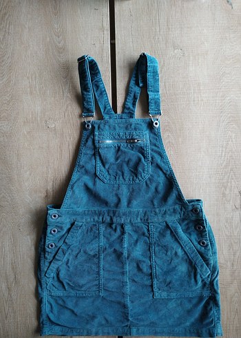 Düğmeli Mavi Kadın Kadife Tulum Salopet - Görsel 3