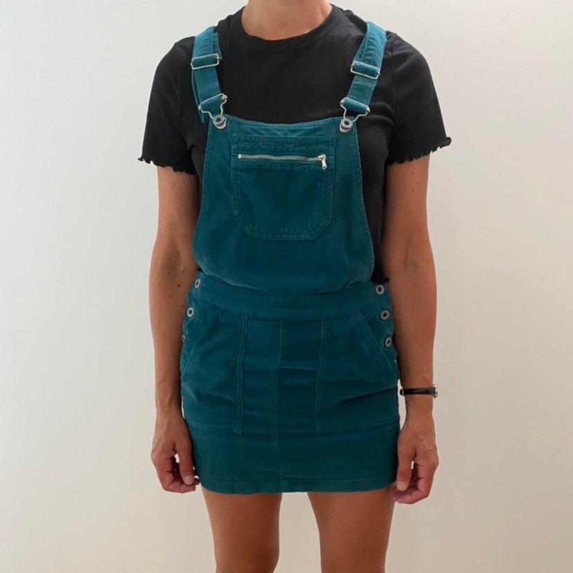 Düğmeli Mavi Kadın Kadife Tulum Salopet - Görsel 2