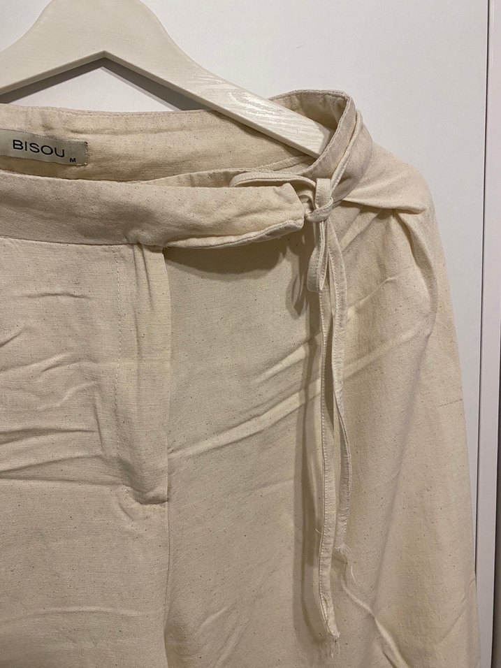 Bej Keten Midi Kadın Pantolon - Görsel 2