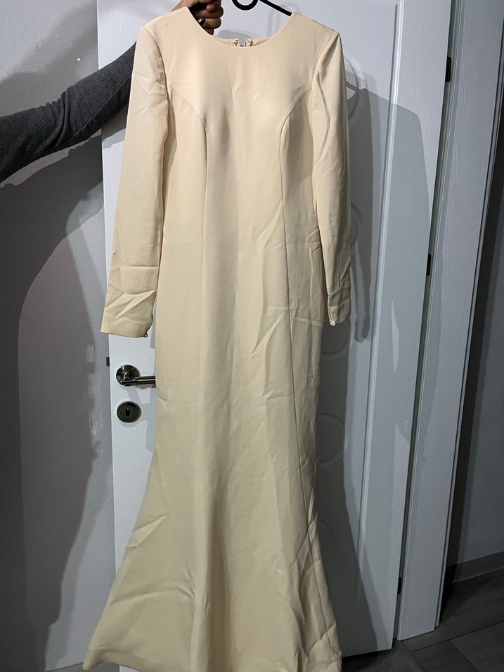 Bej Drapeli Uzun Kollu Kadın Elbise - Görsel 2