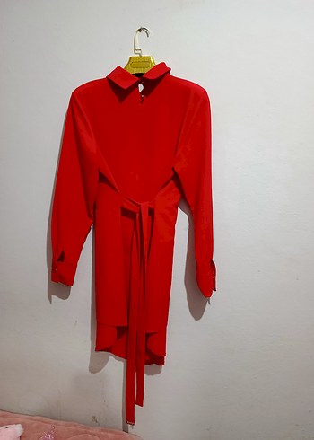 Kemerli Kırmızı Mini Kadın Gömlek - Görsel 2