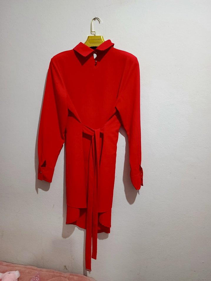 Kemerli Kırmızı Mini Kadın Gömlek - Görsel 2