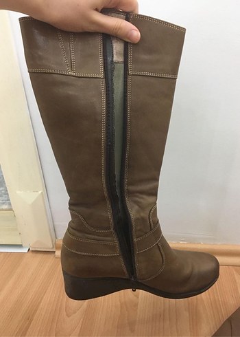 38 Beden Bej Deri Kadın Dolgu Topuklu Dizüstü Çizme