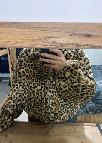 Leopar Desenli Suni Kürk Midi Ceket - Görsel 5