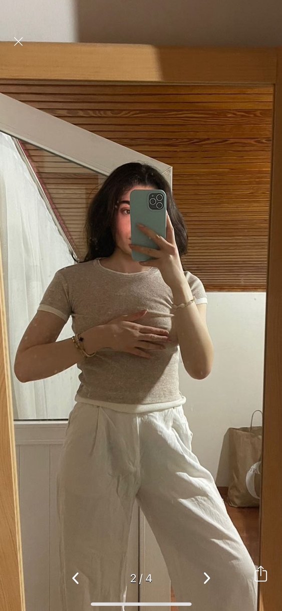 Bej Keten Kumaşlı, Kısa Kollu Kadın Tişört - Görsel 3