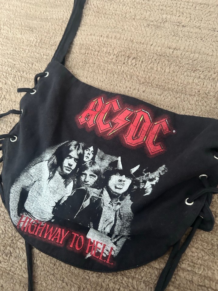 AC/DC Baskılı Siyah Deri Rock Punk Büstiyer - Görsel 2