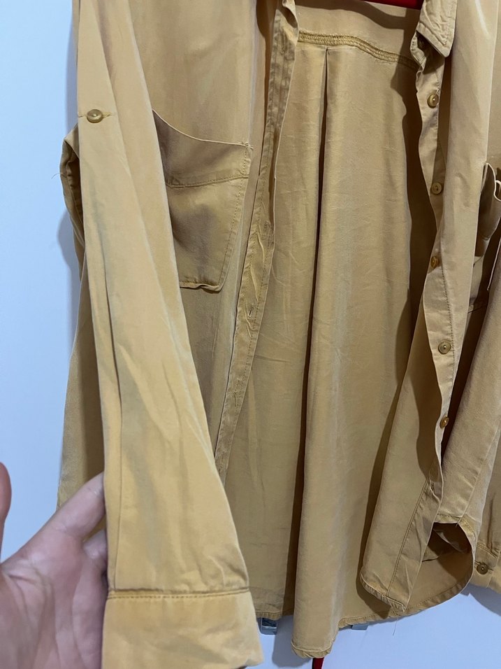 Koyu bej Düğmeli Uzun Kollu Keten Gömlek - Görsel 2