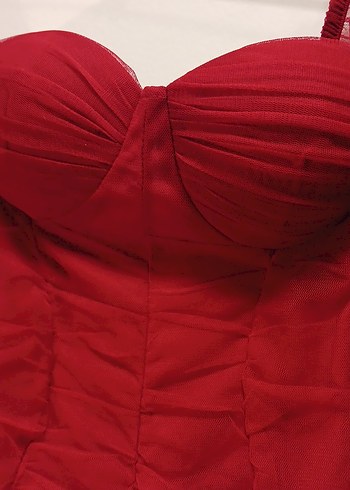 Kırmızı Drapeli Straplez Midi Elbise - Görsel 3