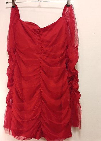 Kırmızı Drapeli Straplez Midi Elbise - Görsel 5