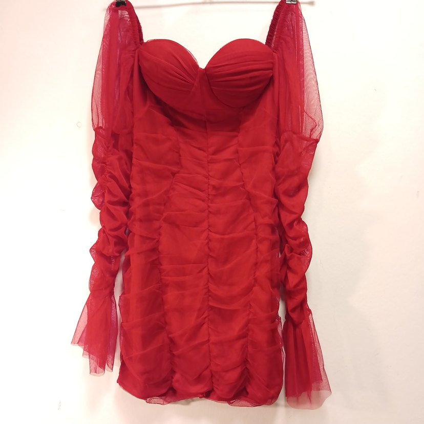 Kırmızı Drapeli Straplez Midi Elbise - Görsel 2