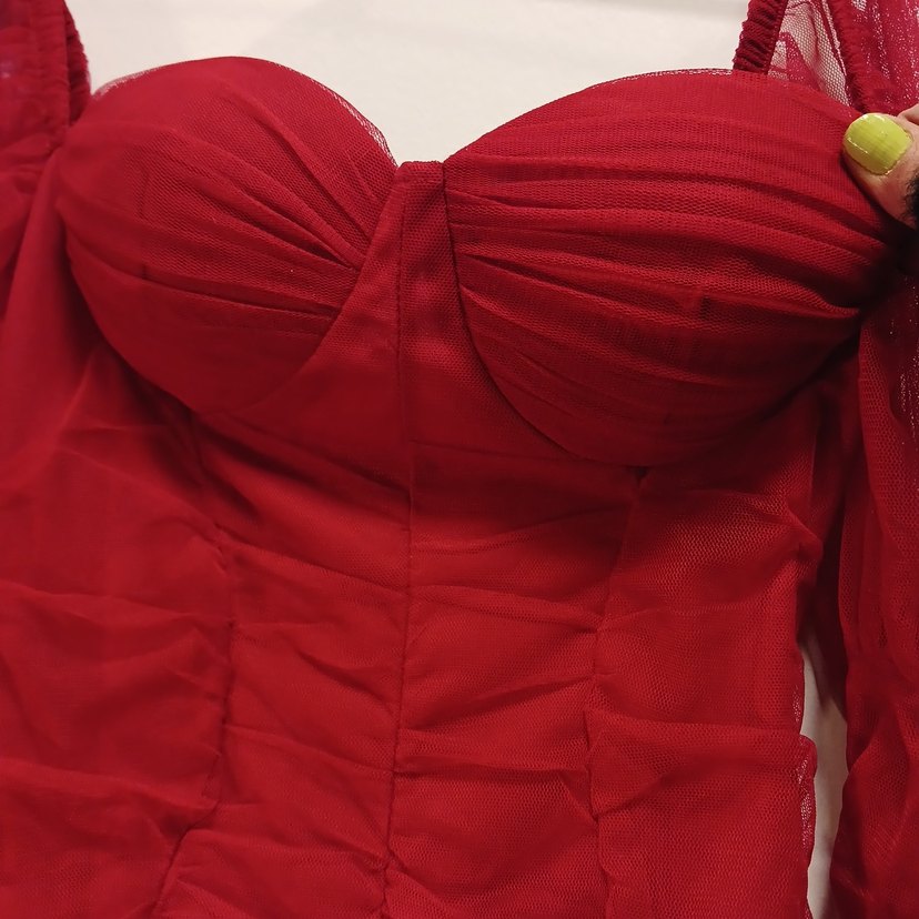 Kırmızı Drapeli Straplez Midi Elbise - Görsel 3