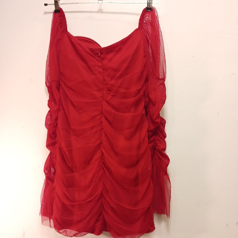 Kırmızı Drapeli Straplez Midi Elbise - Görsel 5