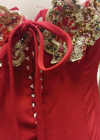 Kırmızı İşlemeli Boncuklu Uzun ABİYE - Görsel 5