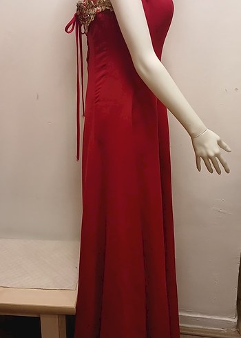 Kırmızı İşlemeli Boncuklu Uzun ABİYE - Görsel 6