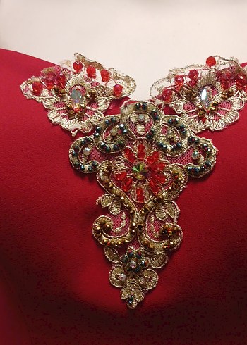 Kırmızı İşlemeli Boncuklu Uzun ABİYE - Görsel 2