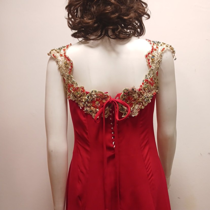 Kırmızı İşlemeli Boncuklu Uzun ABİYE - Görsel 4