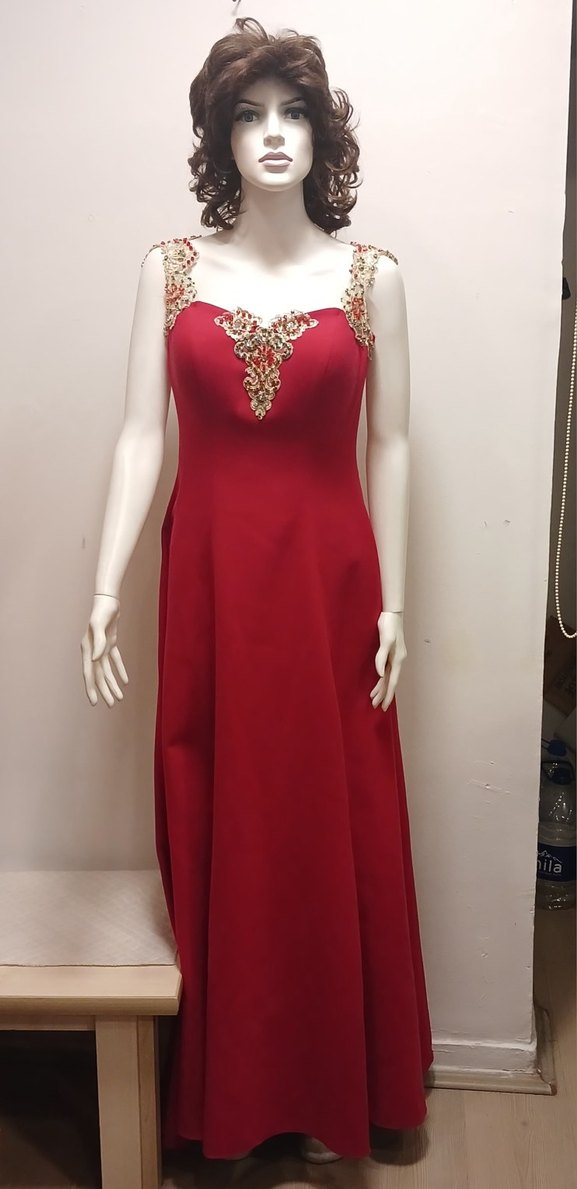 Kırmızı İşlemeli Boncuklu Uzun ABİYE - Görsel 3