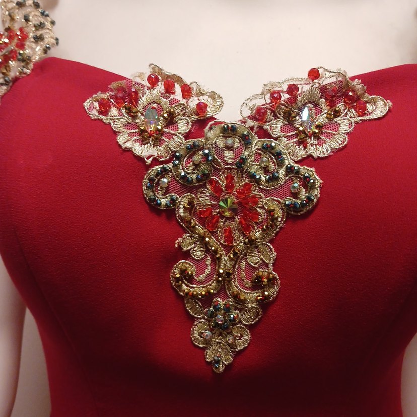 Kırmızı İşlemeli Boncuklu Uzun ABİYE - Görsel 2