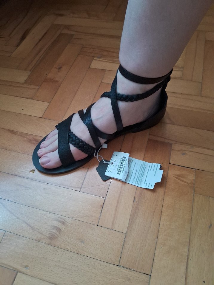 oysho Siyah gercek Deri Bohem Toka Detaylı Sandalet - Görsel 3