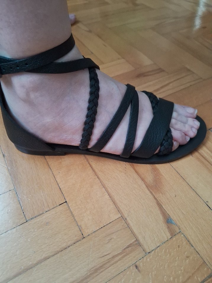 oysho Siyah gercek Deri Bohem Toka Detaylı Sandalet - Görsel 5