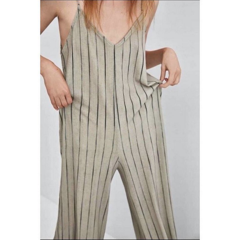 Zara Bej Çizgili V Yaka Tulum - Görsel 2