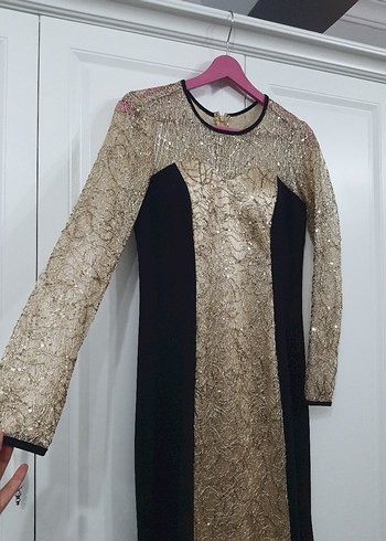 Altın Renkli Uzun Kollu Payetli Abiye Elbise - Görsel 7