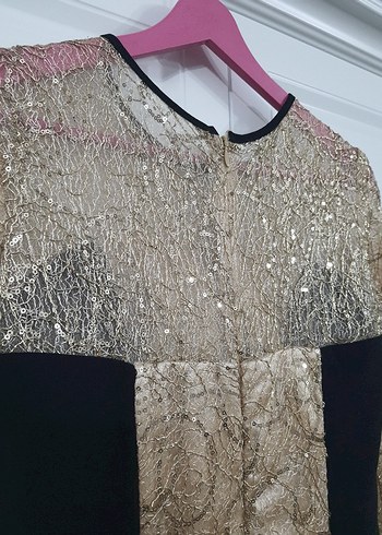 Altın Renkli Uzun Kollu Payetli Abiye Elbise - Görsel 10