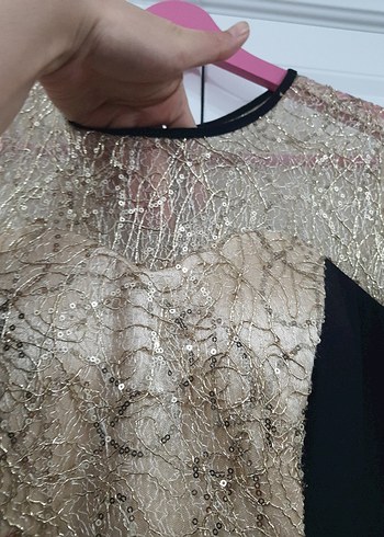 Altın Renkli Uzun Kollu Payetli Abiye Elbise - Görsel 13